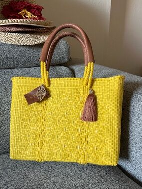 Yellow Woven Tote Bag with Brown Trim
